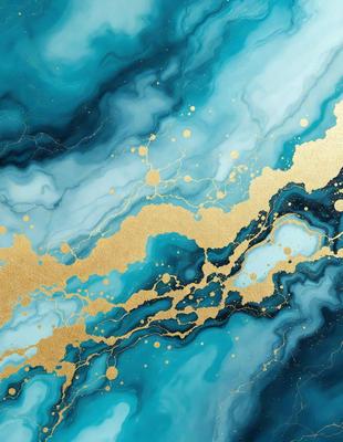 The primary subject of the image is a painting featuring a blue and gold color scheme. The setting is a blue and gold background, which complements the artwork. The visual style is a painting, showcasing the artist's skill in creating a vibrant and eye-catching piece. The colors and mood of the painting are lively and energetic, with the blue and gold hues creating a sense of depth and richness.
