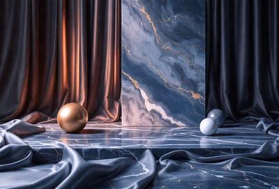 The primary subject of the image is a marble table with three balls on it. The setting is a room with a curtain, and the visual style appears to be a photo. The colors and mood of the image are predominantly dark, with the marble table and balls being the main focus.