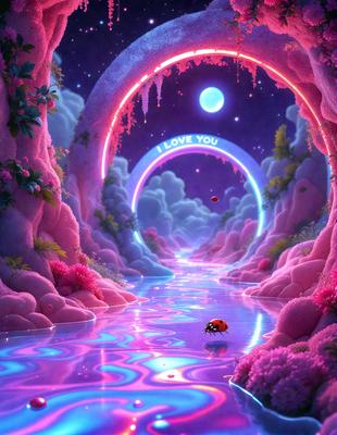 The primary subject of the image is a ladybug, which is the main object in the scene. The setting is a pink river with a rainbow arch, creating a whimsical and colorful atmosphere. The visual style is digital art, as the ladybug is depicted in a surreal and fantastical manner. The dominant colors are pink and purple, giving the scene a warm and dreamy mood.
