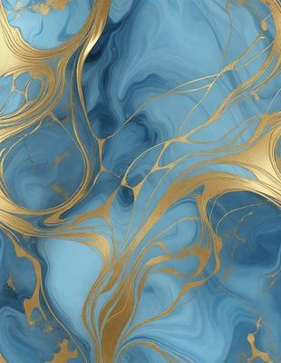 The primary subject of the image is a blue and gold swirling pattern, which appears to be a painting or a digital artwork. The setting is a blue background, and the visual style is a combination of photo and digital art. The dominant colors are blue and gold, creating a sense of depth and richness in the artwork.