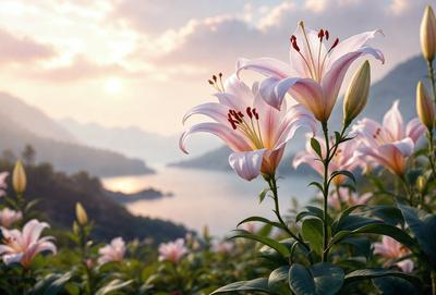 The primary subject of the image is a beautiful white flower with a pink center, which is situated on a hillside overlooking a body of water. The setting is a lush green hillside with a serene lake in the background. The visual style of the image is a photo, capturing the natural beauty of the flower and its surroundings. The colors and mood of the image are predominantly white and pink, creating a sense of tranquility and harmony with nature.