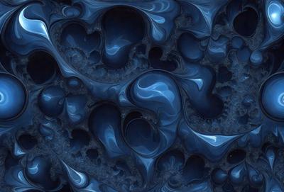 The primary subject of the image is a blue, swirling, and twisting pattern. The setting is a dark blue background, which contrasts with the swirling pattern. The visual style appears to be a digital art or illustration, as the swirls and patterns are intricate and detailed. The dominant colors are blue and black, creating a moody and dramatic atmosphere.