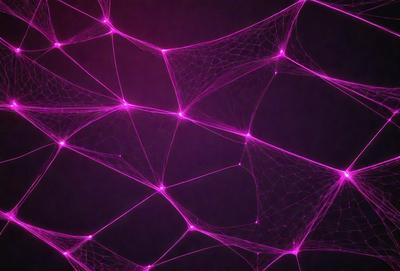 The primary subject of the image is a purple, pink, and white web-like structure. The setting is a dark background, which contrasts with the vibrant colors of the web. The visual style is a combination of digital art and illustration, creating a unique and eye-catching pattern. The colors and mood of the image are predominantly purple and pink, giving it a soft and dreamy atmosphere.