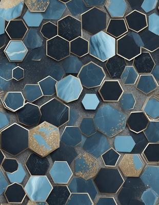 The primary subject of the image is a pattern of hexagonal tiles, which are arranged in a honeycomb-like structure. The setting is a blue surface, which serves as the backdrop for the tiles. The visual style of the image is a combination of photo and digital art, creating a unique and intricate design. The dominant colors in the image are blue and gold, giving the overall atmosphere a sense of elegance and sophistication.