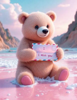 The primary subject of the image is a large teddy bear. The bear is holding a card that reads "I miss you." The setting is a beach, with the bear sitting on the sand. The visual style is a digital art, and the colors and mood are warm and inviting.