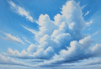 The primary subject of the image is a large, cloudy sky filled with various cloud formations. The setting is outdoors, with the sky serving as the background. The visual style of the image is a painting, which showcases the artist's skill in capturing the clouds' intricate details. The colors and mood of the painting are predominantly blue and white, creating a serene and peaceful atmosphere.
