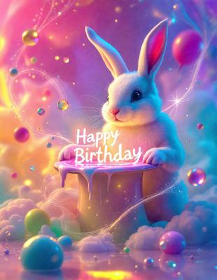 The primary subject of the image is a cute bunny rabbit sitting on a table. The setting is a colorful and whimsical environment, with a backdrop of bubbles and a surface that appears to be made of frosting or candy. The visual style is a combination of digital art and illustration, creating a playful and imaginative scene. The dominant colors are pink, purple, and white, giving the image a cheerful and lighthearted atmosphere.