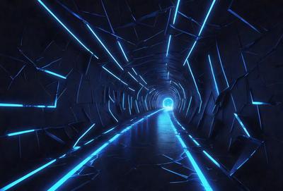 The primary subject of the image is a tunnel with a blue light illuminating it. The setting is a dark, underground environment, and the visual style appears to be a combination of photo and digital art. The dominant colors are blue and black, creating a moody atmosphere.
