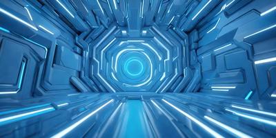 The primary subject of the image is a futuristic, blue-lit room with a circular, blue-lit center. The setting is a space-like environment, and the visual style is a combination of photo and digital art. The dominant colors are blue and white, creating a cool and futuristic atmosphere.