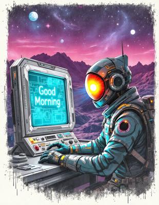 The primary subject of the image is a man sitting in front of a computer, working on it. The setting is a space station, with a backdrop of mountains visible in the background. The visual style is a digital art illustration, creating a futuristic and space-themed atmosphere. The colors are predominantly blue and orange, with the blue representing the space station and the orange representing the computer screen.