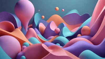 The primary subject of the image is a colorful, abstract painting featuring a variety of shapes and colors. The setting is a wall, and the visual style is a combination of digital art and illustration. The dominant colors in the painting are pink, purple, and blue, creating a vibrant and lively atmosphere.