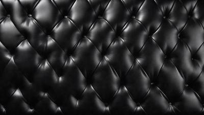 The primary subject of the image is a black leather couch. The setting is a black background, which creates a striking contrast with the couch. The visual style is a close-up of the couch, showcasing its texture and details. The colors and mood of the image are predominantly black, giving it a sleek and modern appearance.
