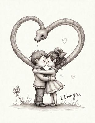The image features a boy and a girl standing close to each other, with the boy holding the girl in his arms. They are surrounded by a heart-shaped snake, which adds a unique and playful element to the scene. The setting appears to be a grassy area, and the visual style is a combination of digital art and illustration. The colors in the image are predominantly shades of green and brown, creating a warm and natural atmosphere.