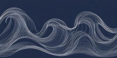 The primary subject of the image is a blue ocean with waves. The setting is a blue background, and the visual style is a digital art or illustration. The dominant colors are blue and white, creating a calm and serene atmosphere.