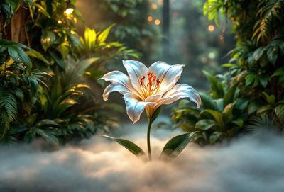 The primary subject of the image is a white flower, likely a lily, with a yellow center, sitting in a forest setting. The flower is surrounded by green leaves, and the overall atmosphere is serene and natural. The visual style of the image is a photo, capturing the beauty of the flower in its natural environment.