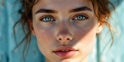 The primary subject of the image is a woman with freckles on her face. She is looking directly at the camera, and her eyes are open. The setting is a close-up of her face, and the visual style appears to be a photo. The colors in the image are predominantly warm and natural, creating a pleasant and inviting atmosphere.
