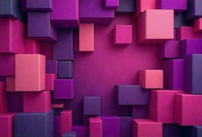 The primary subject of the image is a large, colorful, and abstract wall made up of variously sized and colored blocks. The setting is a room with a purple background, which adds to the overall mood of the scene. The visual style of the image is a combination of digital art and illustration, creating a unique and eye-catching pattern. The dominant colors in the image are purple, pink, and various shades of blue, which contribute to a vibrant and lively atmosphere.