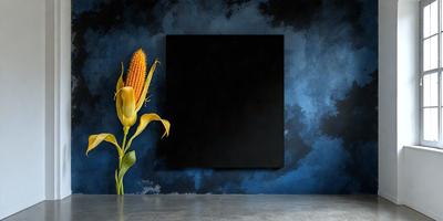 The primary subject of the image is a yellow corn plant, which is placed on a table. The setting is a room with a blue wall, and the visual style appears to be a photo. The dominant colors in the image are blue and yellow, creating a calm and serene atmosphere.