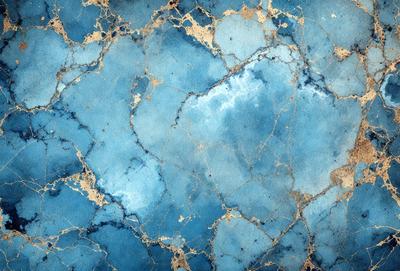 The primary subject of the image is a blue and white marbled wall. The setting is a room with a blue and white marbled wall as the main focus. The visual style is a close-up of the marbled wall, showcasing its intricate patterns. The colors and mood of the image are predominantly blue and white, creating a calm and elegant atmosphere.