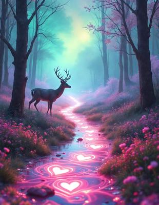 Primary subject: A deer with antlers standing in a forest.

Setting/background: The deer is standing in a forest with trees and a path. The forest is filled with pink flowers, creating a beautiful and serene atmosphere.

Visual style: The image is a digital artwork, featuring a deer and a forest with a path and pink flowers.

Colors and mood: The dominant colors are pink and green, creating a warm and inviting mood. The pink flowers add
