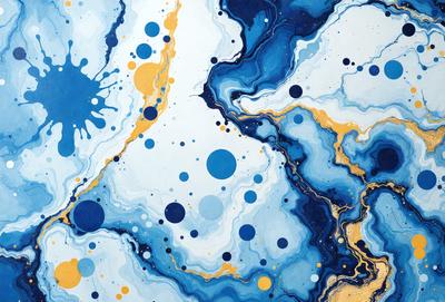 The primary subject of the image is a painting featuring a blue and yellow color scheme. The setting is a white background, and the visual style appears to be a mix of digital art and illustration. The painting is characterized by a variety of blue and yellow circles, which create a vibrant and lively atmosphere. The overall mood of the painting is energetic and dynamic, with the circles and colors working together to create a captivating visual experience.