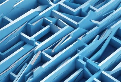 The primary subject of the image is a blue, three-dimensional maze. The setting is a blue background, and the visual style is a digital art or illustration. The colors and mood of the image are predominantly blue, creating a calm and intriguing atmosphere.