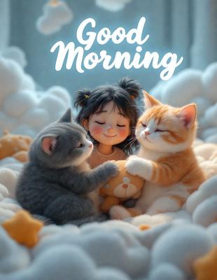 The image features a cute scene of three cats sitting together on a bed. One cat is on the left side, another is in the middle, and the third cat is on the right side. They are all looking at the camera, giving the impression of a friendly and relaxed atmosphere. The cats are positioned in a way that they appear to be hugging each other, creating a warm and cozy feeling. The overall mood of the image is cheerful and inviting.