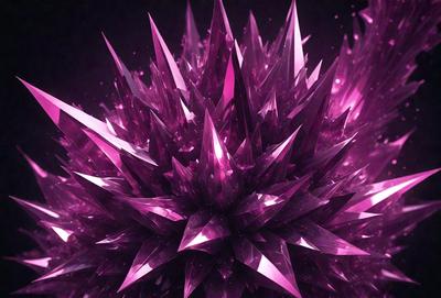 The primary subject of the image is a large, purple, crystal-like structure with multiple points and sharp edges. The setting is a dark, purple background that contrasts with the bright, pink crystal. The visual style is a combination of digital art and illustration, creating a unique and eye-catching design. The colors and mood of the image are predominantly pink and purple, giving it a vibrant and lively atmosphere.