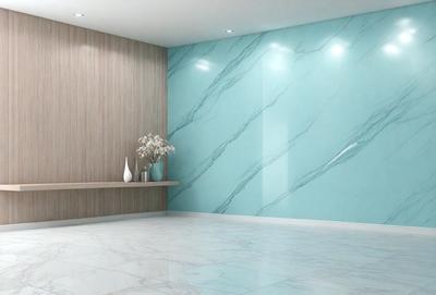 The primary subject of the image is a vase with flowers placed on a table. The setting is a room with a blue wall and a marble floor. The visual style is a photo, and the colors and mood are predominantly blue and white, creating a calm and serene atmosphere.