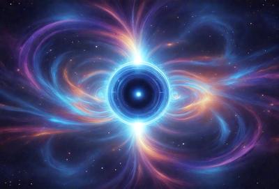 The primary subject of the image is a large, blue, round object with a black center, surrounded by a purple and blue background. The visual style appears to be a combination of digital art and illustration, creating a unique and vibrant atmosphere. The colors and mood of the image are predominantly purple and blue, with the blue round object standing out against the purple and blue background.