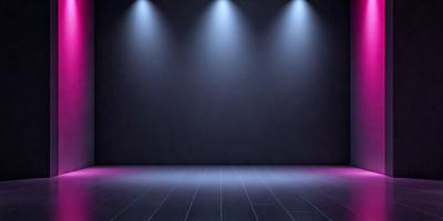 The primary subject of the image is a black stage with a black background. The setting is a darkened theater, and the visual style is a photo. The colors and mood of the image are predominantly dark and moody, with the stage and background being the main focus.