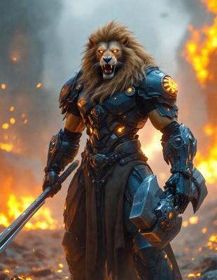 Primary subject: A lion-like creature with a sword in its mouth, standing in front of a fiery background.

Setting/background: The lion-like creature is standing in front of a fiery background, which suggests a fantasy or supernatural setting.

Visual style: The image is a digital art or illustration, featuring a detailed and intricate lion-like creature.

Colors and mood: The dominant colors in the image are orange and red, which create a fiery and inten