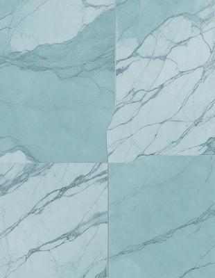 The primary subject of the image is a marble tile with a blue background. The setting is a bathroom, and the visual style is a photo. The dominant colors are blue and white, creating a calm and soothing atmosphere.