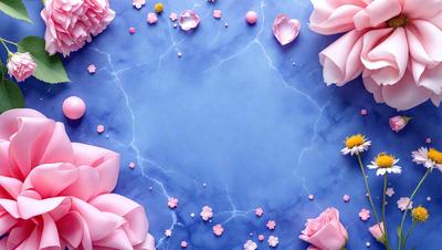 The primary subject of the image is a blue marble table with a variety of pink flowers and yellow stars arranged on it. The setting is a table with a blue surface, and the visual style appears to be a combination of a photo and digital art. The dominant colors are pink and blue, creating a warm and inviting atmosphere.