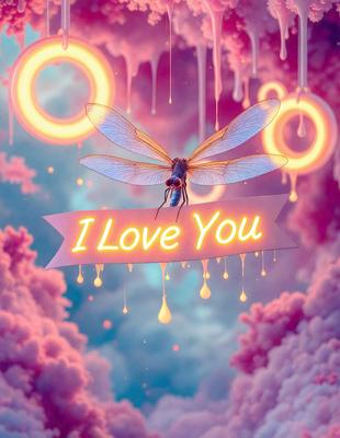 The primary subject of the image is a large, colorful butterfly. The butterfly is flying in a pink and purple sky, which creates a whimsical and dreamy atmosphere. The setting is a cloudy sky, and the visual style appears to be a combination of digital art and illustration. The colors and mood of the image are predominantly pink and purple, giving it a warm and inviting feel.