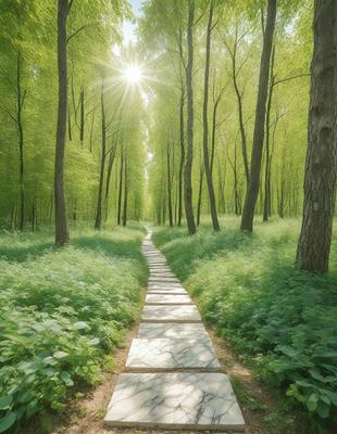 The primary subject of the image is a pathway in a forest. The setting is a lush green forest with trees and grass surrounding the path. The visual style is a photo, capturing the natural environment and the pathway. The colors and mood are dominated by the greenery of the forest, creating a serene and peaceful atmosphere.