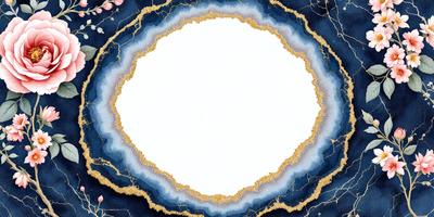 The primary subject of the image is a white circle with a gold border. The circle is placed on a blue background, giving the scene a vibrant and colorful appearance. The visual style of the image is a combination of digital art and illustration, creating a unique and eye-catching design. The dominant colors in the image are white, gold, and blue, which contribute to a sense of elegance and sophistication.