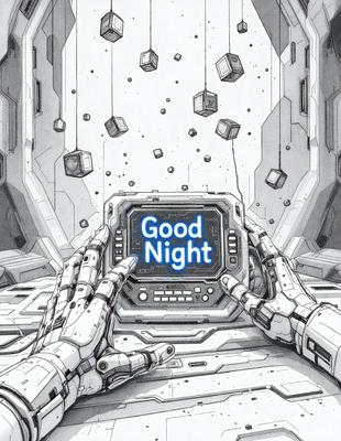 The primary subject of the image is a computer screen displaying the words "Good Night." The setting is a futuristic environment, possibly a space station or a high-tech room. The visual style is a combination of digital art and illustration, creating a unique and captivating scene. The colors are predominantly blue and white, giving the image a calm and soothing atmosphere.