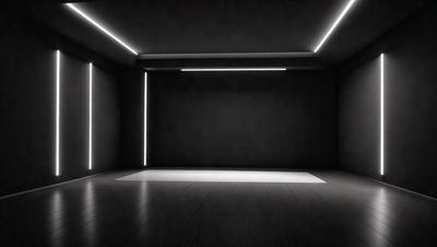 The primary subject of the image is a black room with a white floor. The setting is a dark room with a white floor, and the visual style is a black and white photo. The colors and mood of the image are predominantly dark and moody, with the white floor providing a contrasting element.