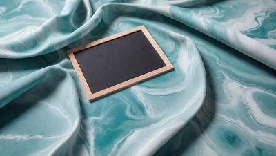 The primary subject of the image is a wooden frame with a black chalkboard inside. The setting is a table with a blue and white tablecloth. The visual style is a photo, and the colors and mood are predominantly blue and white, with a touch of green from the tablecloth.