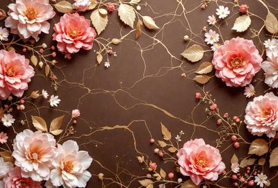 The primary subject of the image is a close-up of a flower, which is the centerpiece of the scene. The setting is a table with a brown surface, and the visual style appears to be a combination of photo and digital art. The dominant colors in the image are pink and gold, creating a warm and inviting atmosphere.