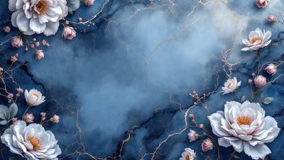 The primary subject of the image is a painting featuring a blue background with gold accents. The setting is a blue sky with clouds, and the visual style is a painting. The dominant colors are blue and gold, creating a serene and calming atmosphere. The painting also includes a flower design, adding a touch of natural beauty to the scene.