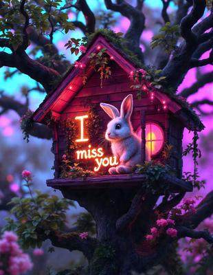 The primary subject of the image is a bunny sitting in a small house, which is perched on a tree branch. The setting is a forest, with the tree branch being the main visible surface. The visual style is a combination of photo and digital art, creating a whimsical and playful atmosphere. The dominant colors are pink and purple, which contribute to the overall mood of the scene.
