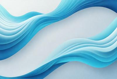 The primary subject of the image is a large, blue, curved wave. The setting is a white wall, which serves as the background. The visual style is a digital art or illustration, as the wave appears to be a three-dimensional, abstract design. The dominant colors are blue and white, creating a sense of depth and movement in the image.