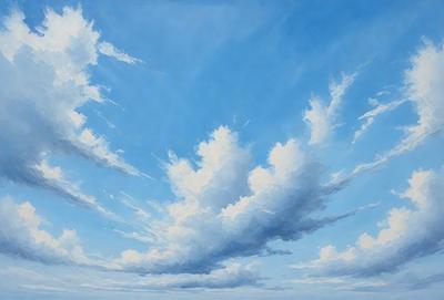 The primary subject of the image is a cloudy blue sky with a few white clouds. The setting is a vast open space, likely the sky above the earth. The visual style is a painting, which gives the image a more artistic and creative appearance. The colors and mood of the painting are predominantly blue and white, creating a serene and peaceful atmosphere.