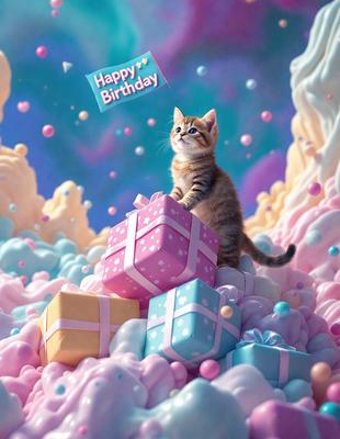 The primary subject of the image is a small kitten sitting on top of a pile of wrapped presents. The setting is a colorful and whimsical environment, with the kitten surrounded by a variety of colors and patterns. The visual style of the image is a combination of photo and digital art, creating a unique and eye-catching scene. The colors and mood of the image are vibrant and cheerful, with the kitten and the presents being the main focus of the composition.
