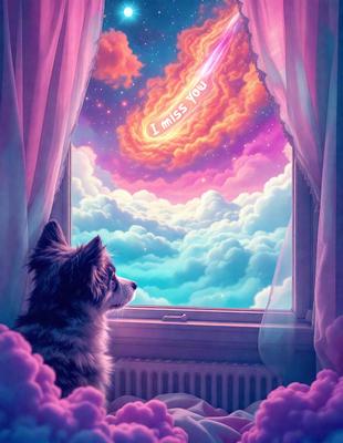 The primary subject of the image is a dog sitting in a window, looking out at a colorful sky. The setting is a room with a window, and the visual style is a digital art or illustration. The colors and mood of the image are vibrant and cheerful, with a sense of wonder and curiosity from the dog as it gazes at the sky.
