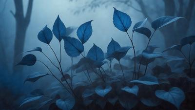 The primary subject of the image is a group of blue leaves, which are the main objects in the scene. The leaves are arranged in a pattern, creating a visually appealing composition. The setting is a forest, with the leaves growing on trees. The visual style of the image is a combination of photo and digital art, as it captures the natural beauty of the blue leaves in a forest environment. The colors and mood of the image are predominantly blue, creating a serene and calming atmosphere.