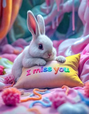 The primary subject of the image is a small white rabbit sitting on a pink pillow. The setting is a pink and white background, which adds a playful and whimsical atmosphere to the scene. The visual style appears to be a combination of a photo and digital art, creating a unique and charming image. The colors and mood convey a sense of warmth, innocence, and comfort, as the rabbit appears to be enjoying its time on the pillow.