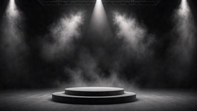 The primary subject of the image is a stage with a spotlight shining on it. The stage appears to be empty, with no performers or props visible. The setting is a black background, which contrasts with the bright spotlight. The visual style of the image is a photo, capturing the stage and its lighting in detail. The colors and mood of the image are dark and dramatic, emphasizing the spotlight and the emptiness of the stage.